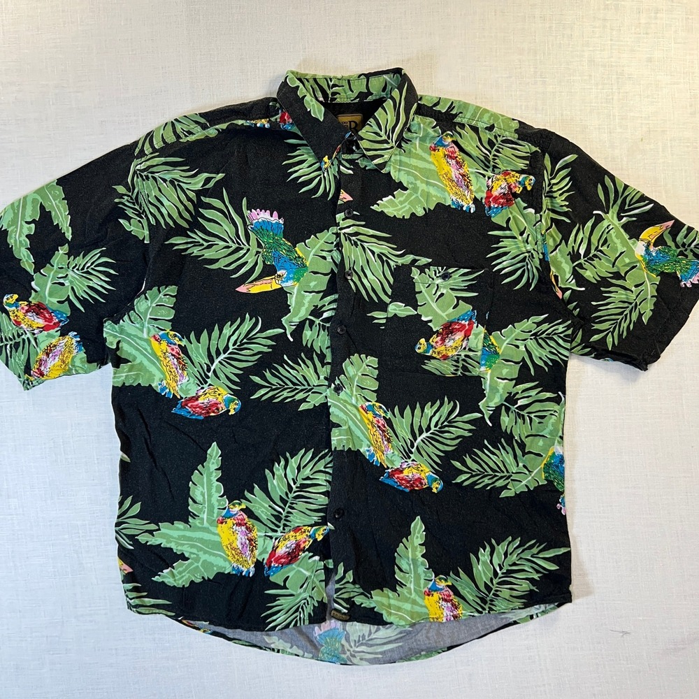 VTG Bruno B Men Hawaiian Shirt L AOP Tropical Parrot Black Rayon Button Up Italy